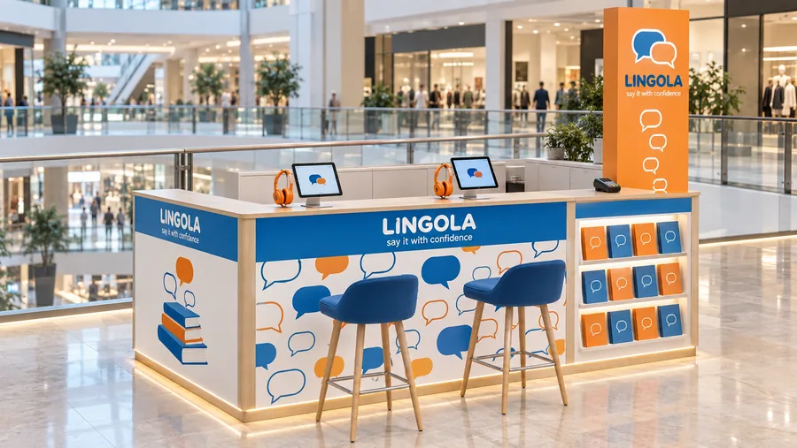 LINGOLA counter-type kiosk in front of a balcony — left three-quarter view, language school promotion (AI-assisted 3D visualisation)