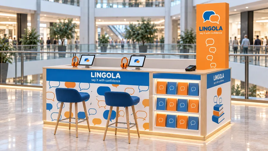 LINGOLA counter-type kiosk in front of a balcony — right three-quarter view, language school promotion (AI-assisted 3D visualisation)