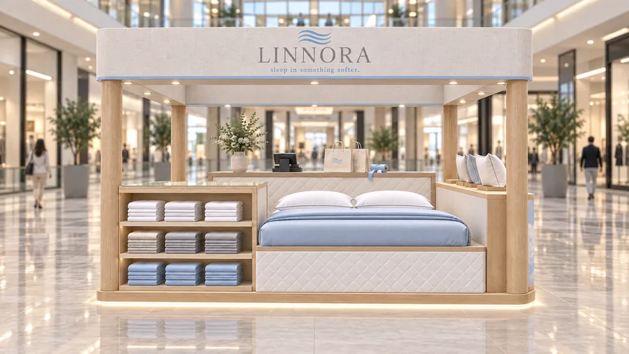 LINNORA crowned island kiosk — front view, bed linen (AI-assisted 3D visualisation)