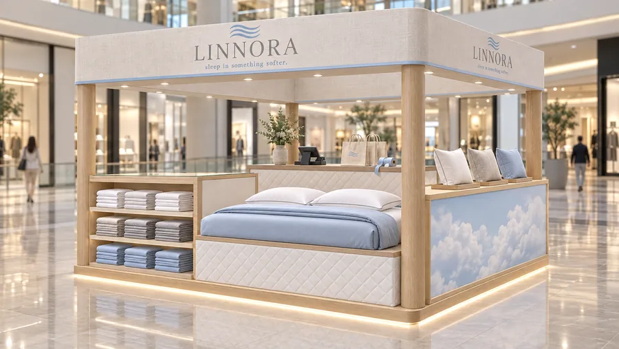 LINNORA crowned island kiosk — left three-quarter view, bed linen (AI-assisted 3D visualisation)