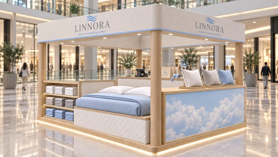 LINNORA crowned island kiosk — right three-quarter view, bed linen (AI-assisted 3D visualisation)