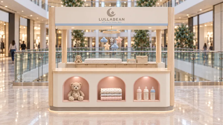 LULLABEAN crowned kiosk in front of a balcony — front view, baby care products (AI-assisted 3D visualisation)