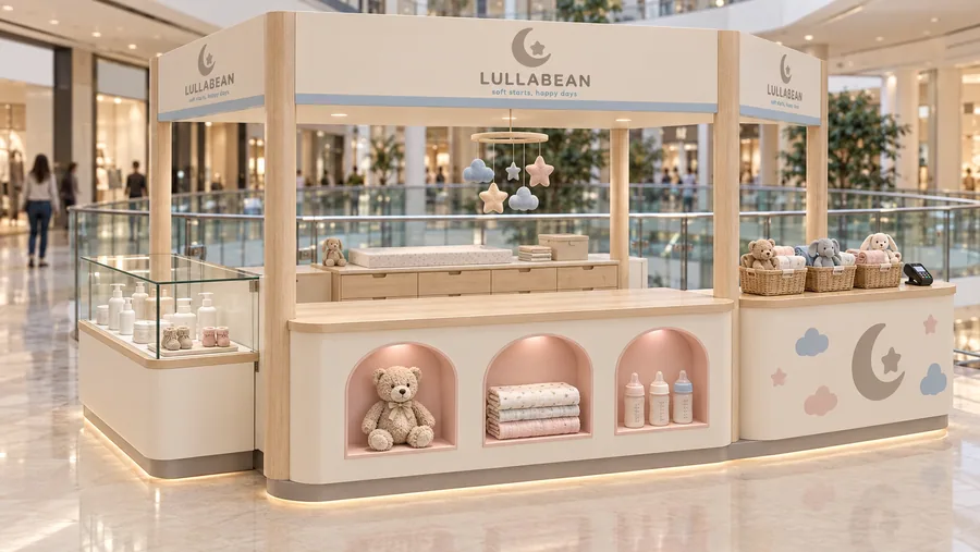 LULLABEAN crowned kiosk in front of a balcony — left three-quarter view, baby care products (AI-assisted 3D visualisation)