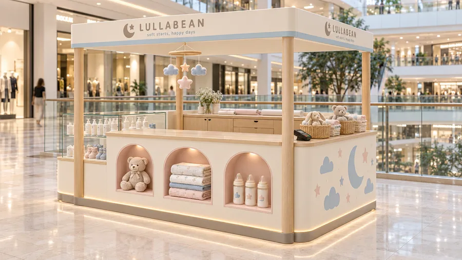 LULLABEAN crowned kiosk in front of a balcony — right three-quarter view, baby care products (AI-assisted 3D visualisation)