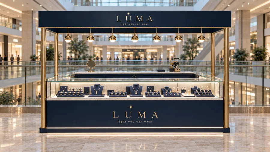 LUMA crowned kiosk in front of a balcony — front view, fine jewellery (AI-assisted 3D visualisation)