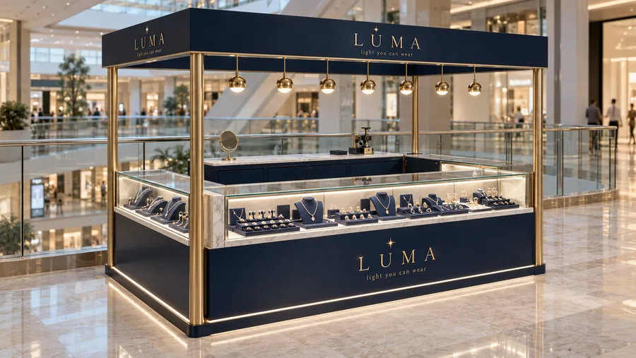LUMA crowned kiosk in front of a balcony — left three-quarter view, fine jewellery (AI-assisted 3D visualisation)