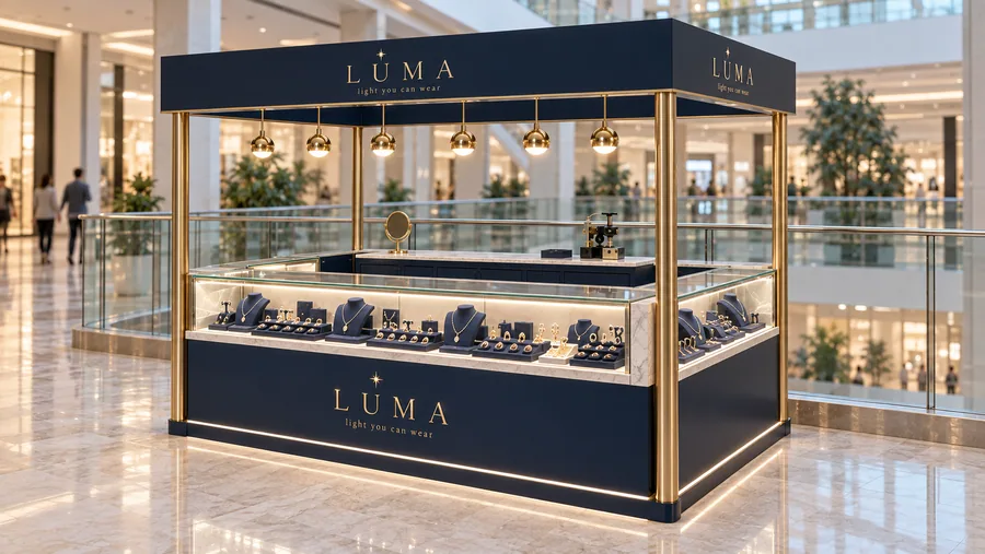 LUMA crowned kiosk in front of a balcony — right three-quarter view, fine jewellery (AI-assisted 3D visualisation)