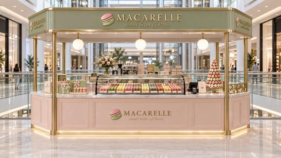 MACARELLE crowned kiosk in front of a balcony — front view, French macarons in twenty flavours (AI-assisted 3D visualisation)