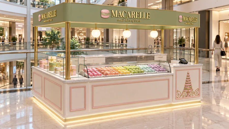 MACARELLE crowned kiosk in front of a balcony — left three-quarter view, French macarons in twenty flavours (AI-assisted 3D visualisation)