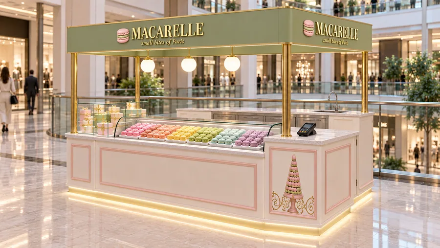 MACARELLE crowned kiosk in front of a balcony — right three-quarter view, French macarons in twenty flavours (AI-assisted 3D visualisation)