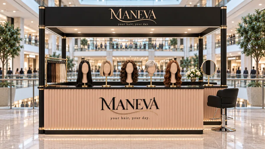 MANEVA crowned kiosk in front of a balcony — front view, wigs (AI-assisted 3D visualisation)