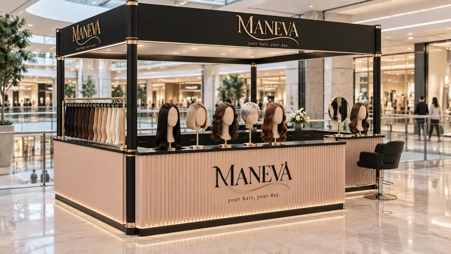 MANEVA crowned kiosk in front of a balcony — left three-quarter view, wigs (AI-assisted 3D visualisation)
