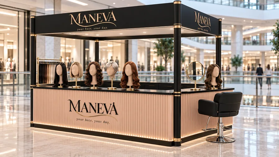 MANEVA crowned kiosk in front of a balcony — right three-quarter view, wigs (AI-assisted 3D visualisation)