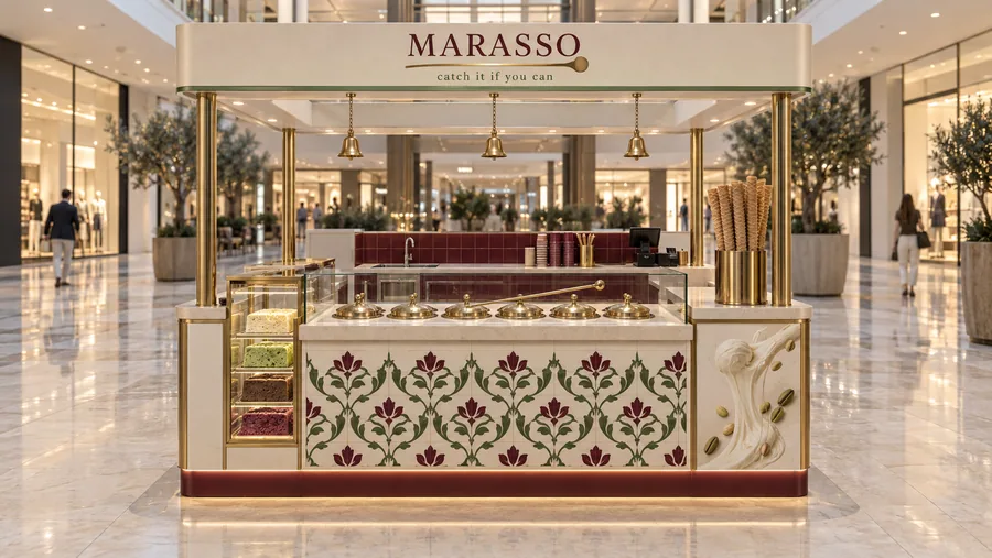 MARASSO crowned island kiosk — front view, traditional Maraş-style stretchy ice cream made with (AI-assisted 3D visualisation)