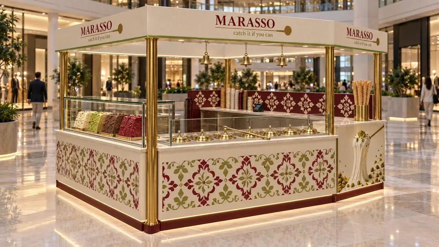 MARASSO crowned island kiosk — left three-quarter view, traditional Maraş-style stretchy ice cream made with (AI-assisted 3D visualisation)