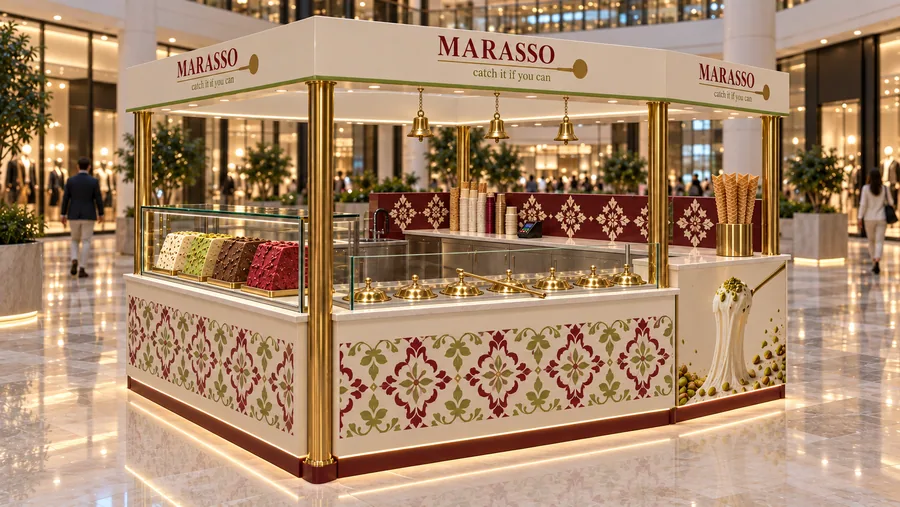 MARASSO crowned island kiosk — right three-quarter view, traditional Maraş-style stretchy ice cream made with (AI-assisted 3D visualisation)