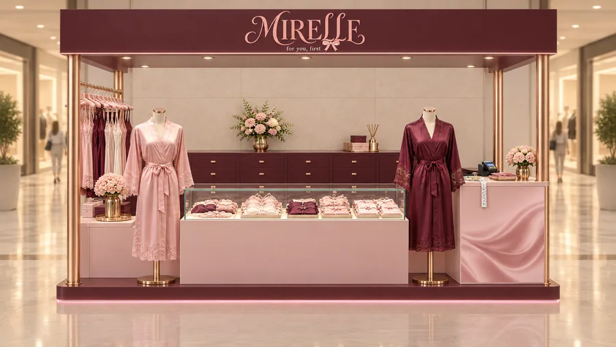 MIRELLE crowned kiosk in front of a wall — front view, lingerie and sleepwear (AI-assisted 3D visualisation)