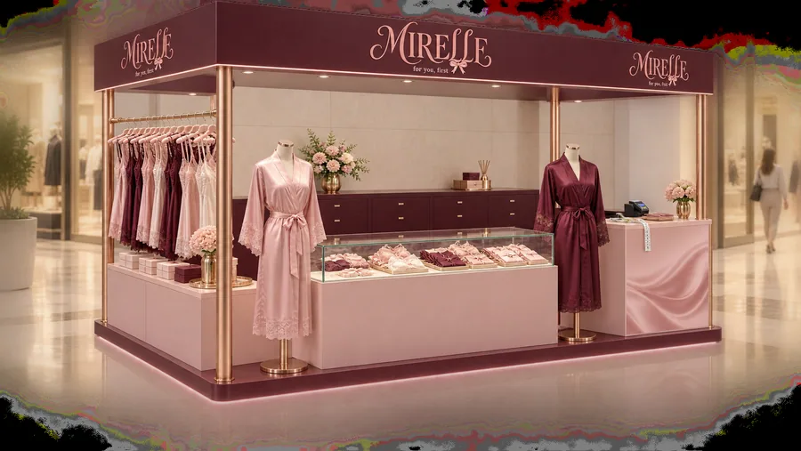 MIRELLE crowned kiosk in front of a wall — left three-quarter view, lingerie and sleepwear (AI-assisted 3D visualisation)