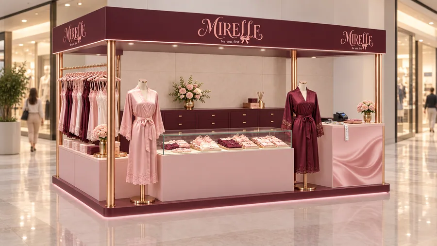 MIRELLE crowned kiosk in front of a wall — right three-quarter view, lingerie and sleepwear (AI-assisted 3D visualisation)