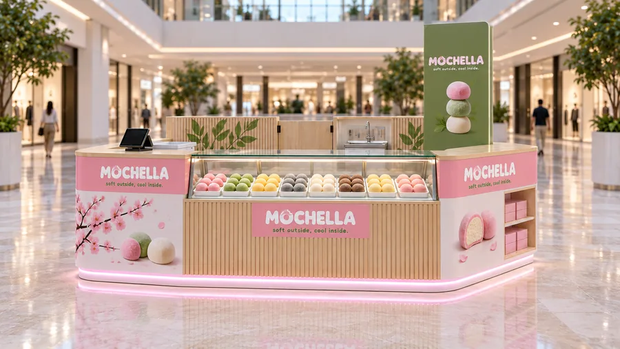 MOCHELLA counter-type island kiosk — front view, mochi ice cream in many flavours (AI-assisted 3D visualisation)