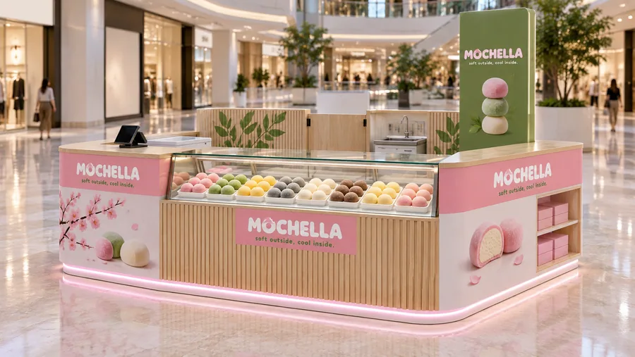 MOCHELLA counter-type island kiosk — left three-quarter view, mochi ice cream in many flavours (AI-assisted 3D visualisation)