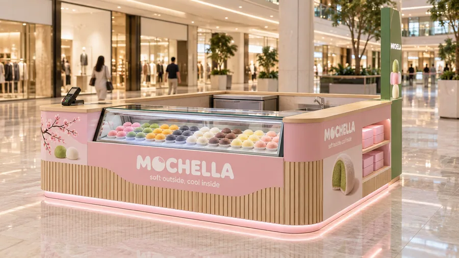 MOCHELLA counter-type island kiosk — right three-quarter view, mochi ice cream in many flavours (AI-assisted 3D visualisation)