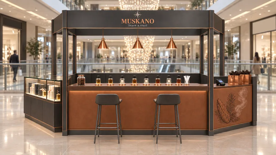 MUSKANO crowned kiosk in front of a balcony — front view, men's perfumes and colognes with a scent-matching bar (AI-assisted 3D visualisation)
