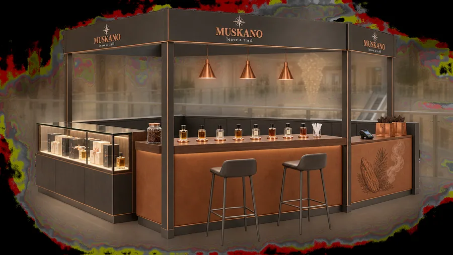 MUSKANO crowned kiosk in front of a balcony — left three-quarter view, men's perfumes and colognes with a scent-matching bar (AI-assisted 3D visualisation)
