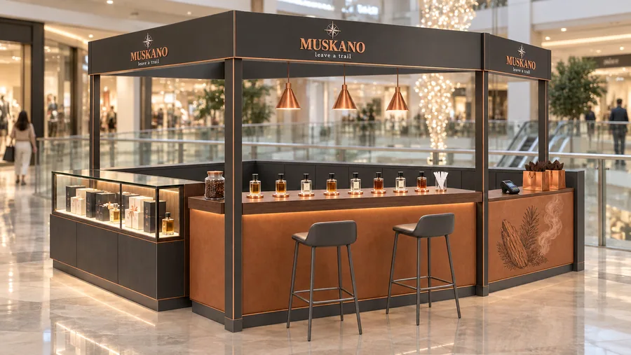 MUSKANO crowned kiosk in front of a balcony — right three-quarter view, men's perfumes and colognes with a scent-matching bar (AI-assisted 3D visualisation)