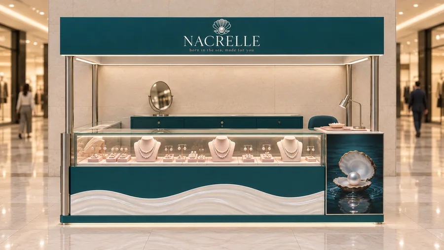 NACRELLE crowned kiosk in front of a wall — front view, pearl jewellery (AI-assisted 3D visualisation)