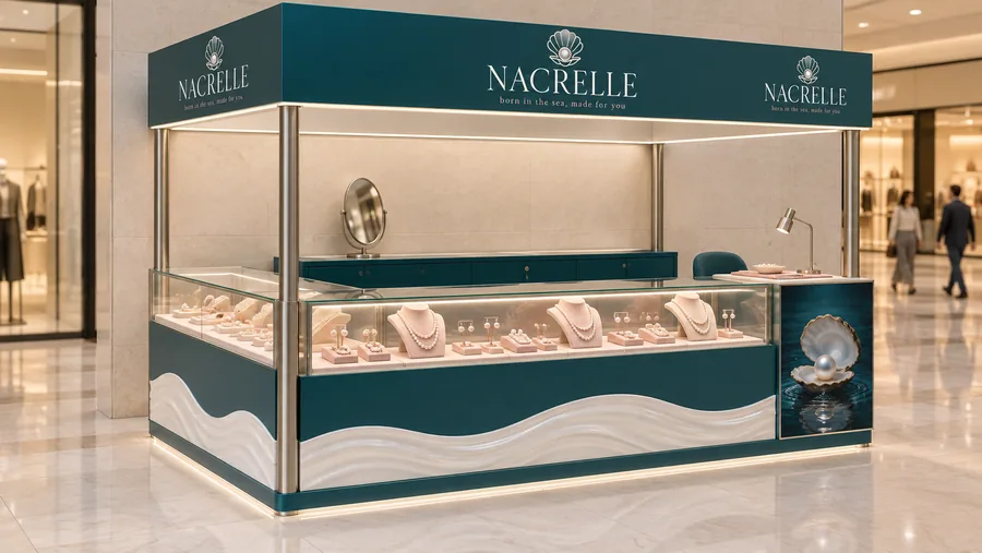 NACRELLE crowned kiosk in front of a wall — left three-quarter view, pearl jewellery (AI-assisted 3D visualisation)