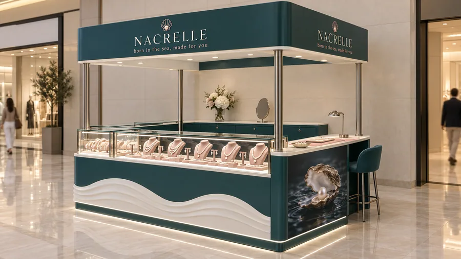 NACRELLE crowned kiosk in front of a wall — right three-quarter view, pearl jewellery (AI-assisted 3D visualisation)