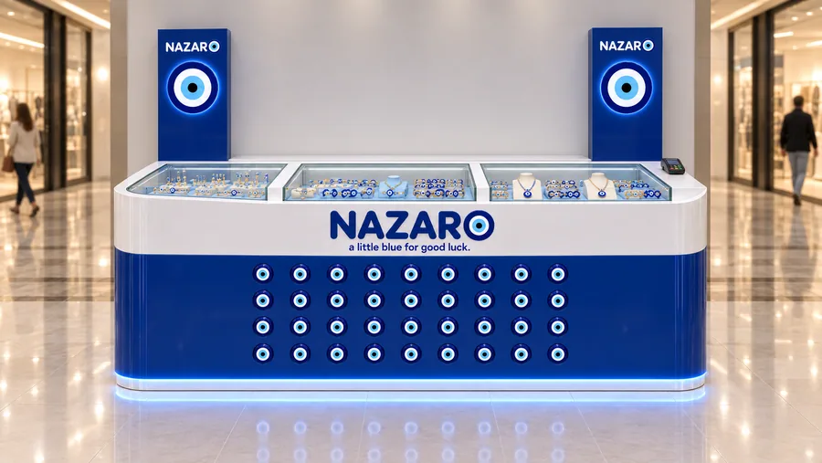 NAZARO counter-type kiosk in front of a wall — front view, evil-eye (nazar) jewellery (AI-assisted 3D visualisation)