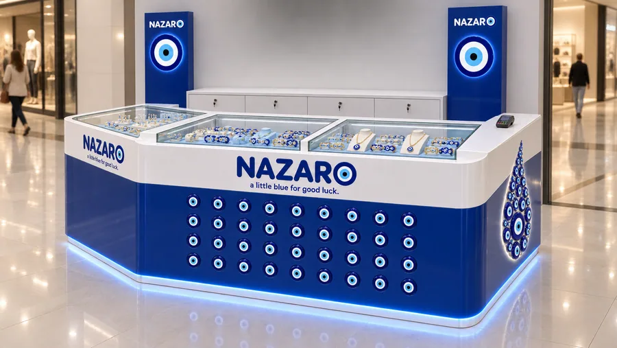 NAZARO counter-type kiosk in front of a wall — left three-quarter view, evil-eye (nazar) jewellery (AI-assisted 3D visualisation)
