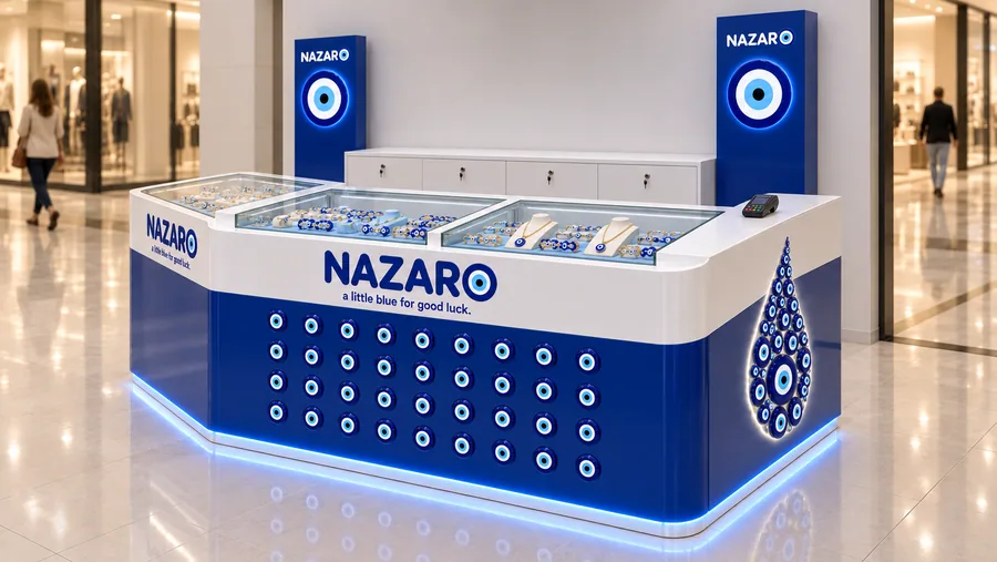 NAZARO counter-type kiosk in front of a wall — right three-quarter view, evil-eye (nazar) jewellery (AI-assisted 3D visualisation)
