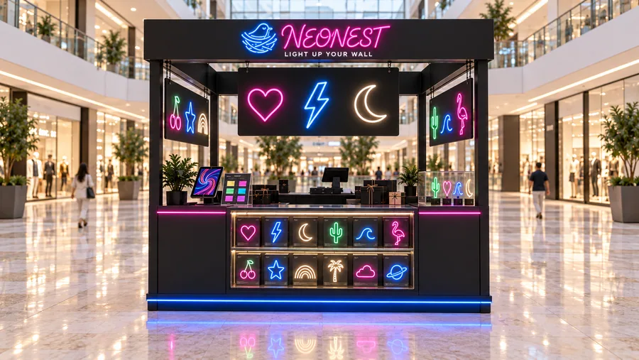 NEONEST crowned island kiosk — front view, LED neon signs as gifts and room decor (AI-assisted 3D visualisation)