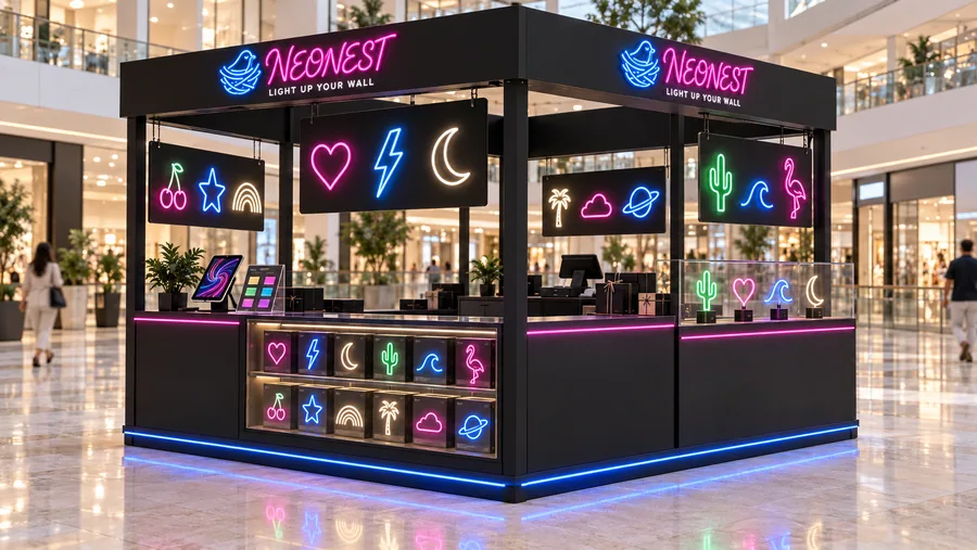 NEONEST crowned island kiosk — left three-quarter view, LED neon signs as gifts and room decor (AI-assisted 3D visualisation)