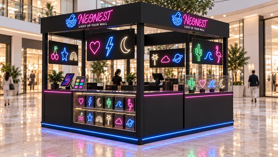 NEONEST crowned island kiosk — right three-quarter view, LED neon signs as gifts and room decor (AI-assisted 3D visualisation)