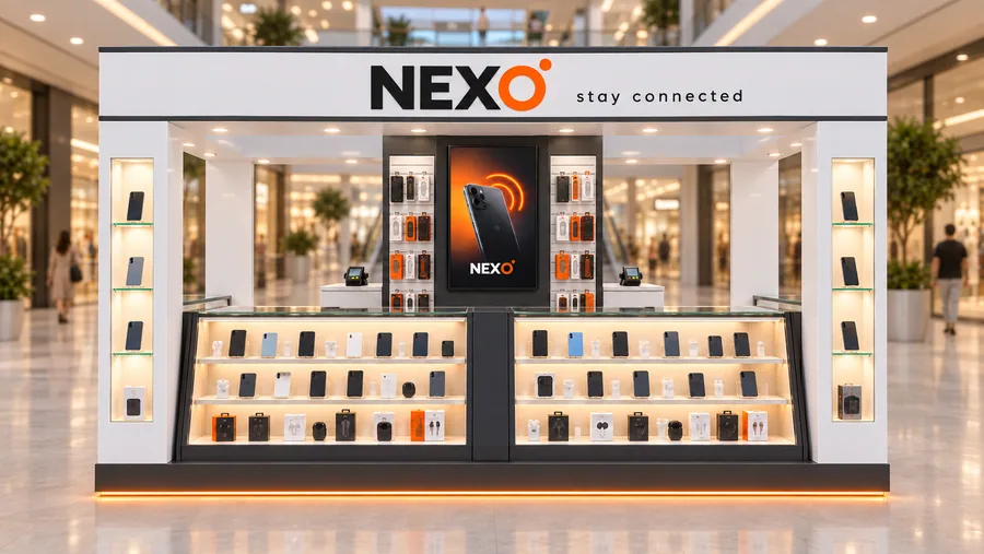 NEXO crowned island kiosk — front view, mobile phones (AI-assisted 3D visualisation)