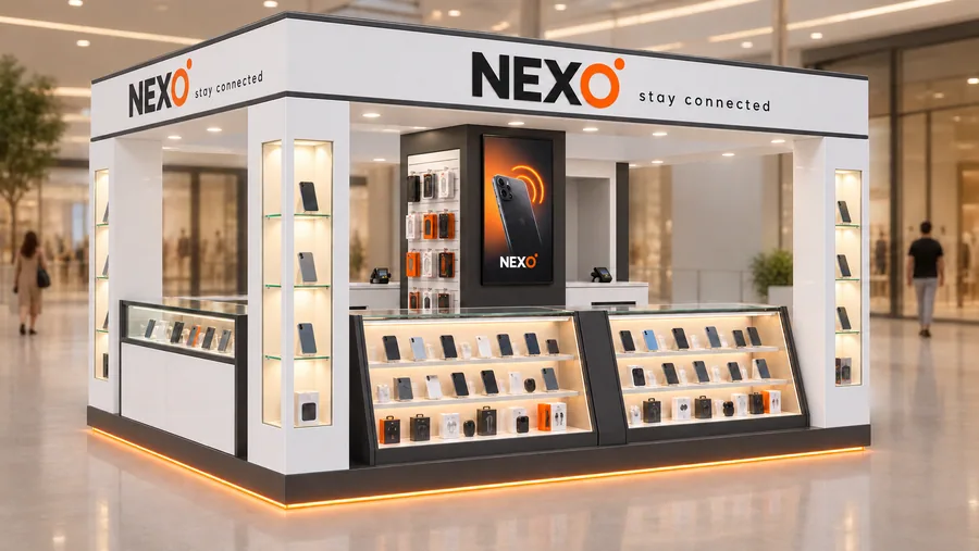 NEXO crowned island kiosk — left three-quarter view, mobile phones (AI-assisted 3D visualisation)