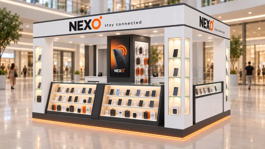 NEXO crowned island kiosk — right three-quarter view, mobile phones (AI-assisted 3D visualisation)