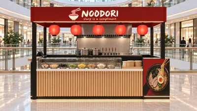 NOODORI — كشك متوّج أمام شرفة (تصور ثلاثي الأبعاد بمساعدة الذكاء الاصطناعي)