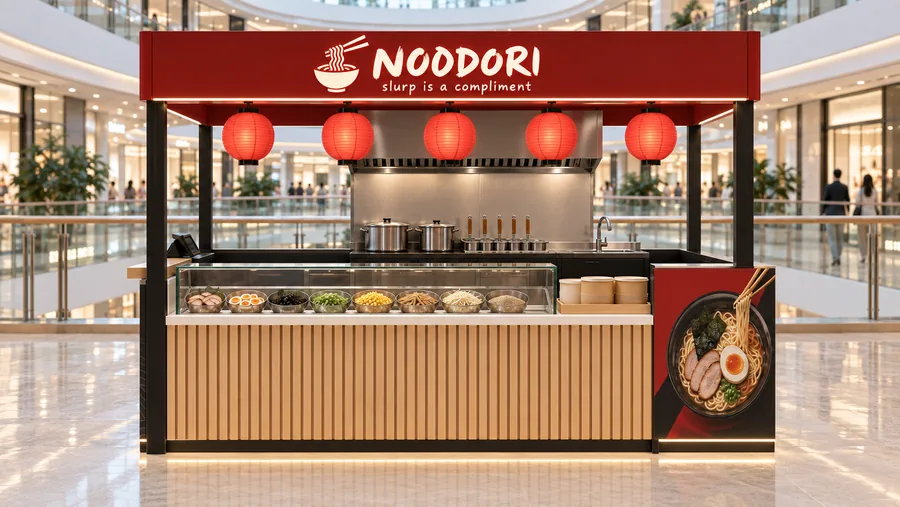 NOODORI crowned kiosk in front of a balcony — front view, ramen noodle soups in take-away bowls (AI-assisted 3D visualisation)
