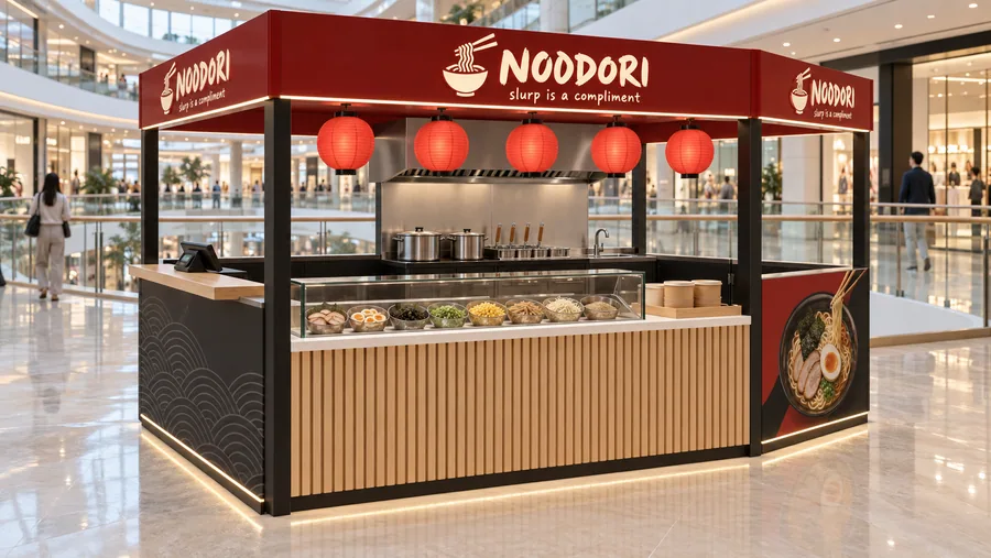 NOODORI crowned kiosk in front of a balcony — left three-quarter view, ramen noodle soups in take-away bowls (AI-assisted 3D visualisation)