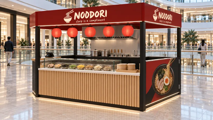 NOODORI crowned kiosk in front of a balcony — right three-quarter view, ramen noodle soups in take-away bowls (AI-assisted 3D visualisation)