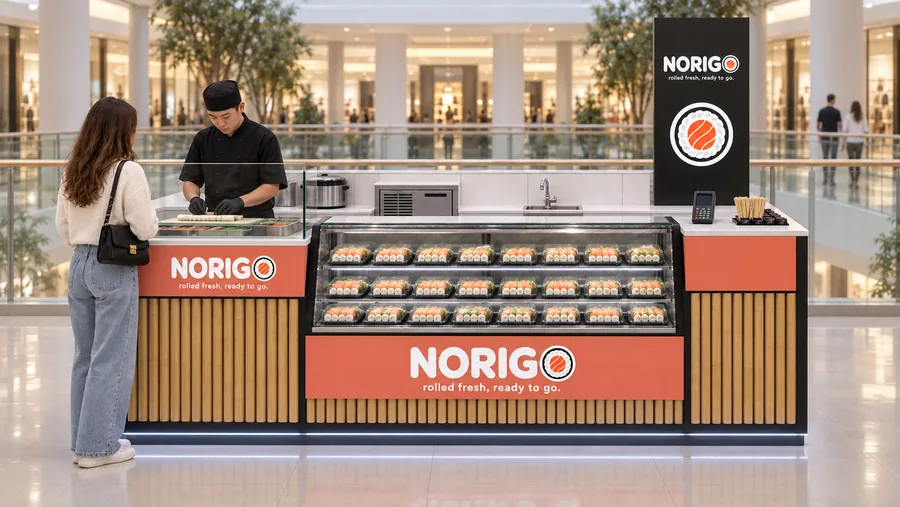 NORIGO counter-type kiosk in front of a balcony — front view, freshly rolled sushi (AI-assisted 3D visualisation)