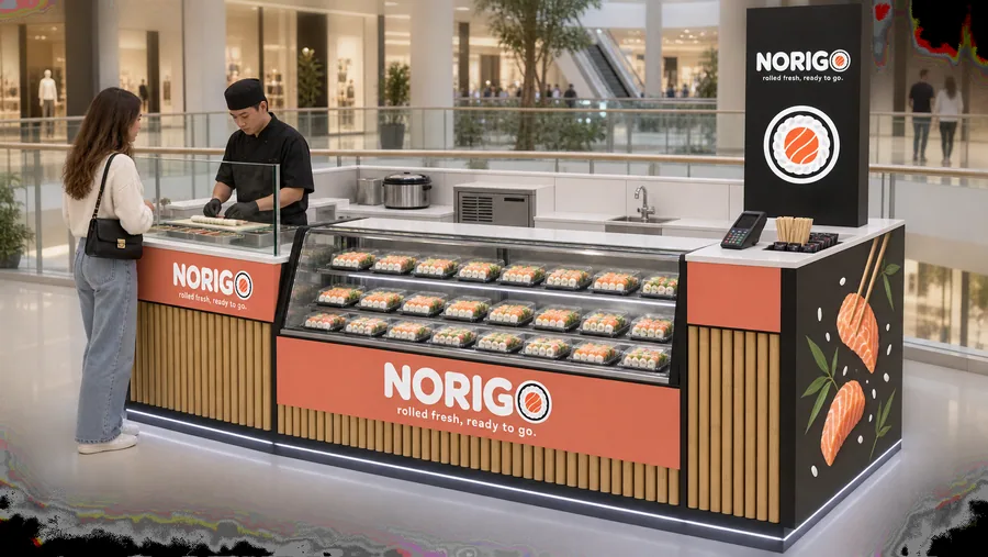 NORIGO counter-type kiosk in front of a balcony — left three-quarter view, freshly rolled sushi (AI-assisted 3D visualisation)