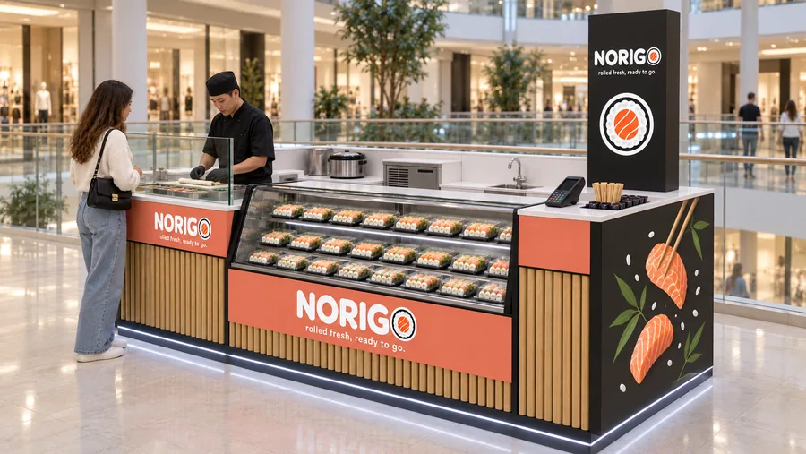 NORIGO counter-type kiosk in front of a balcony — right three-quarter view, freshly rolled sushi (AI-assisted 3D visualisation)