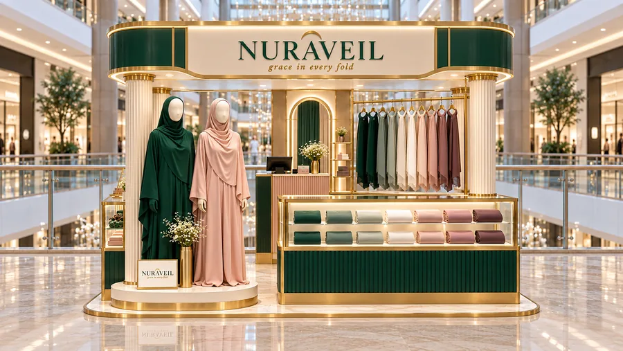 NURAVEIL crowned kiosk in front of a balcony — front view, modest fashion (AI-assisted 3D visualisation)