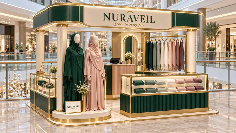 NURAVEIL crowned kiosk in front of a balcony — left three-quarter view, modest fashion (AI-assisted 3D visualisation)